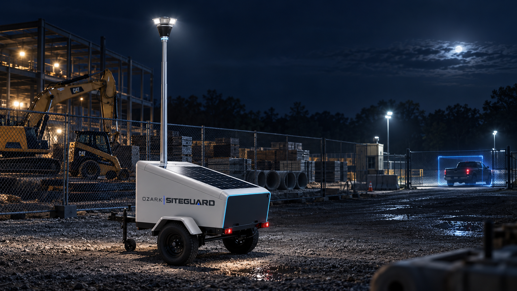 Ozark SiteGuard mobile surveillance tower deployed on an active Northwest Arkansas jobsite at night