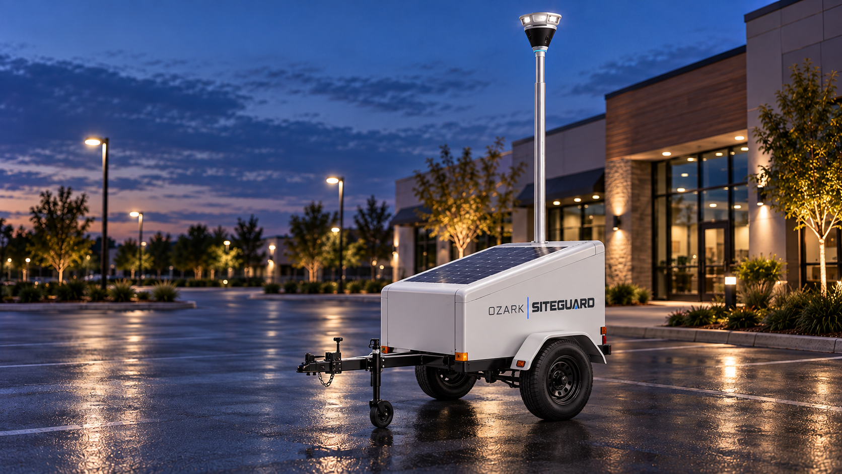 Ozark SiteGuard surveillance tower in a lit commercial property parking lot at dusk
