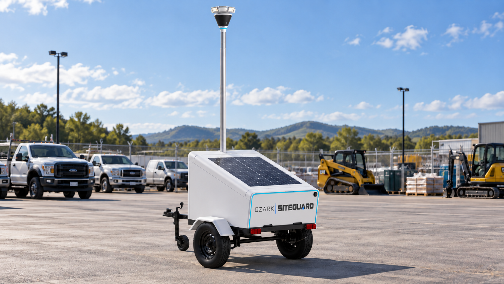Ozark SiteGuard surveillance tower parked in a contractor equipment yard with trucks and heavy machinery
